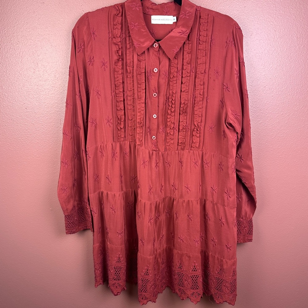 Johnny Was 4 Love & Liberty burgundy mini dress or tunic dress embroidered